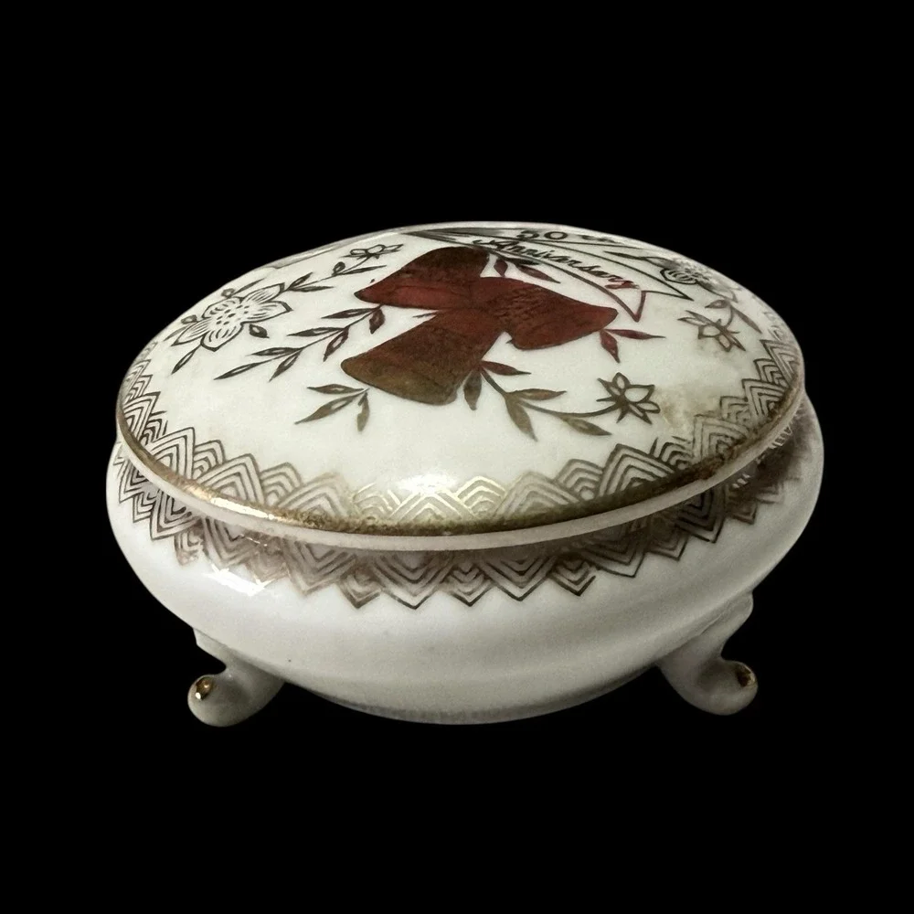 Vtg MCM Norcrest Fine China 50th Anniversary Footed Trinket Box Gold & White‎